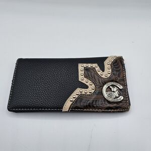 Black and Tan Leather Western Bifold Wallet with Silver Accent